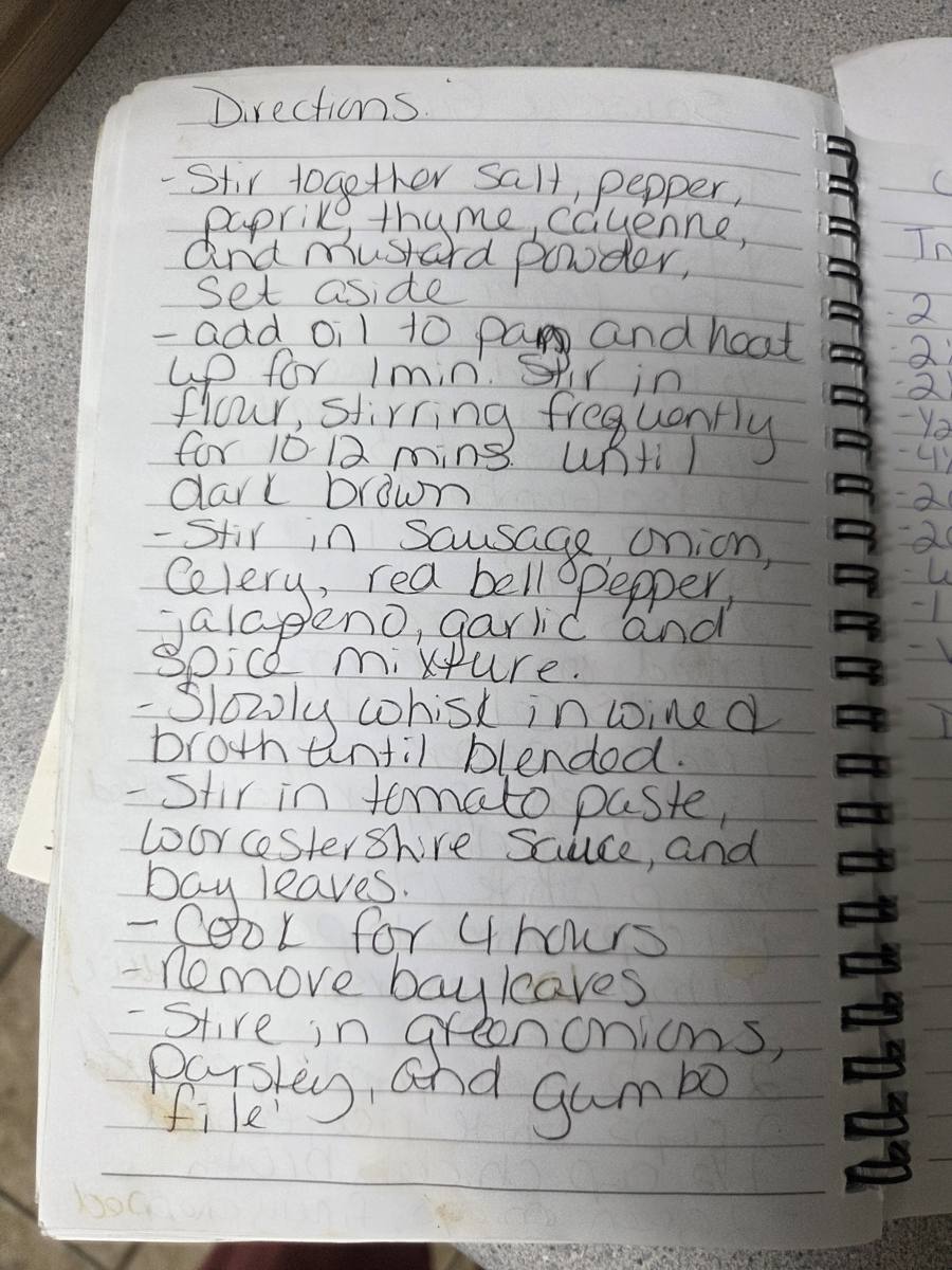 Becky's handwritten Sausage Gumbo recipe — notebook page 2