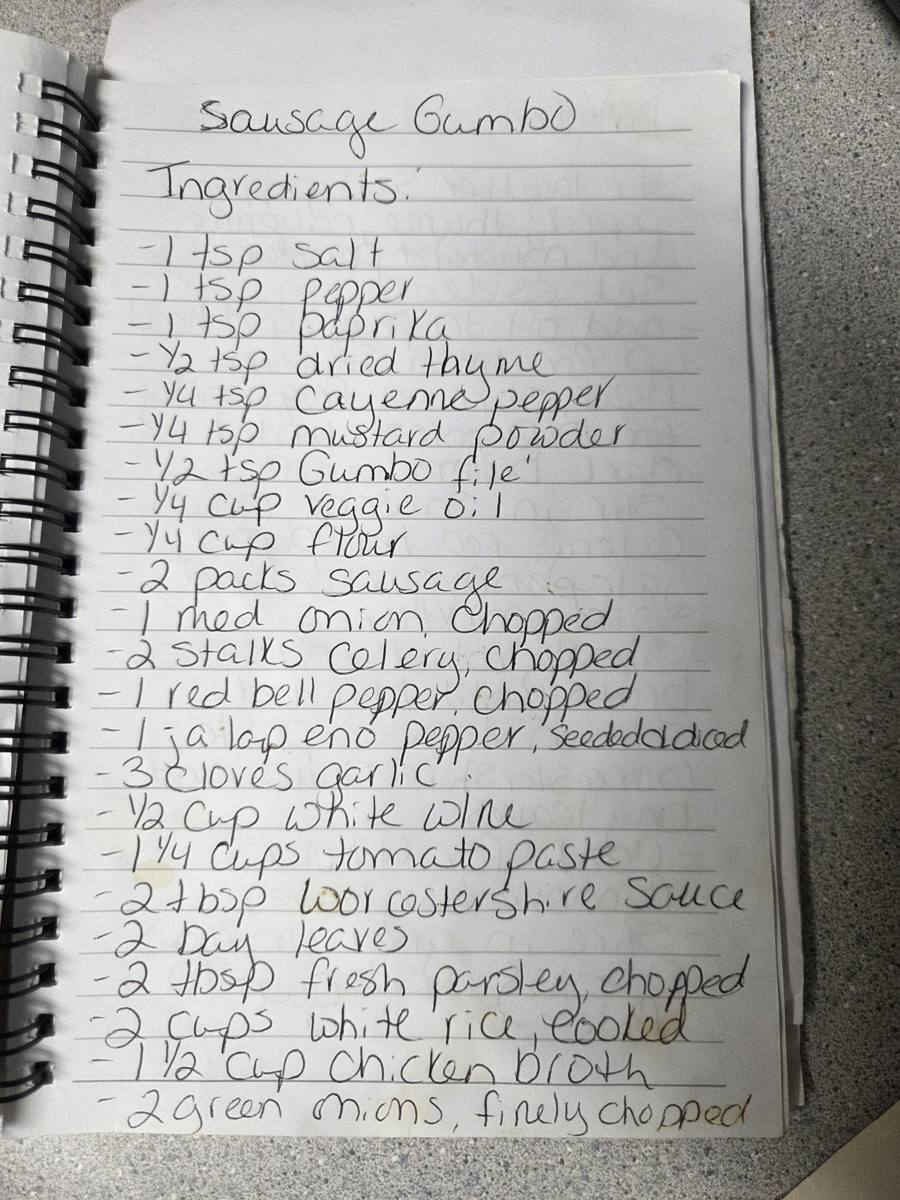 Becky's handwritten Sausage Gumbo recipe — notebook page 1