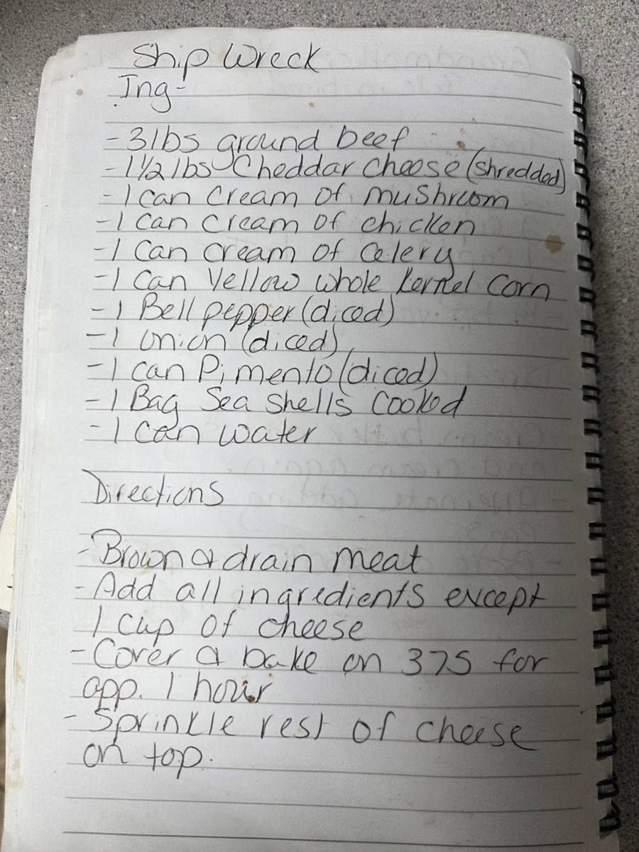 Becky's handwritten Shipwreck Casserole recipe — notebook page 1