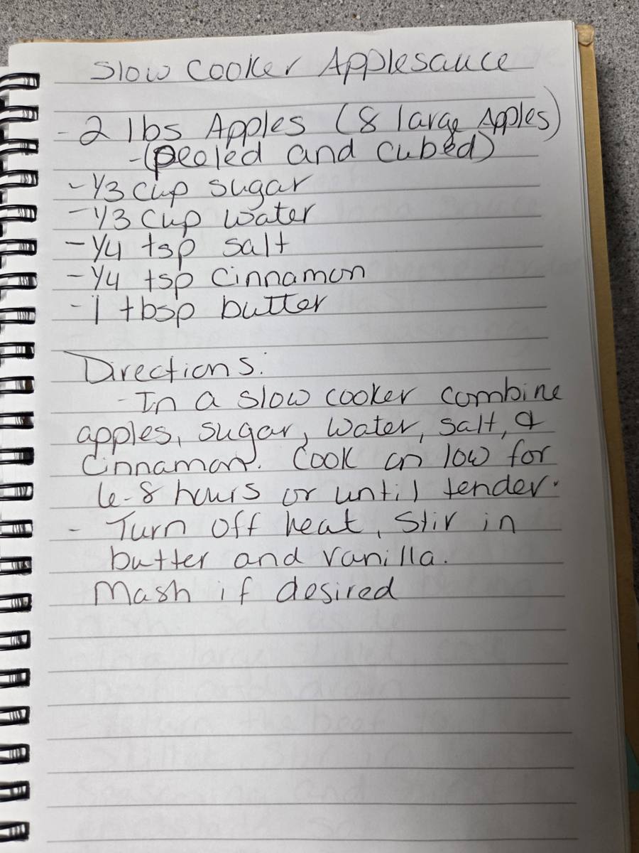 Becky's handwritten Slow Cooker Applesauce recipe — notebook page 1