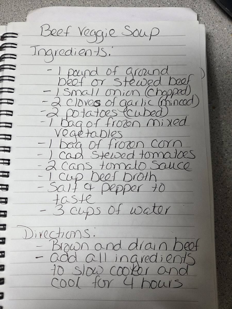 Becky's handwritten Slow Cooker Beef and Veggie Soup recipe — notebook page 1