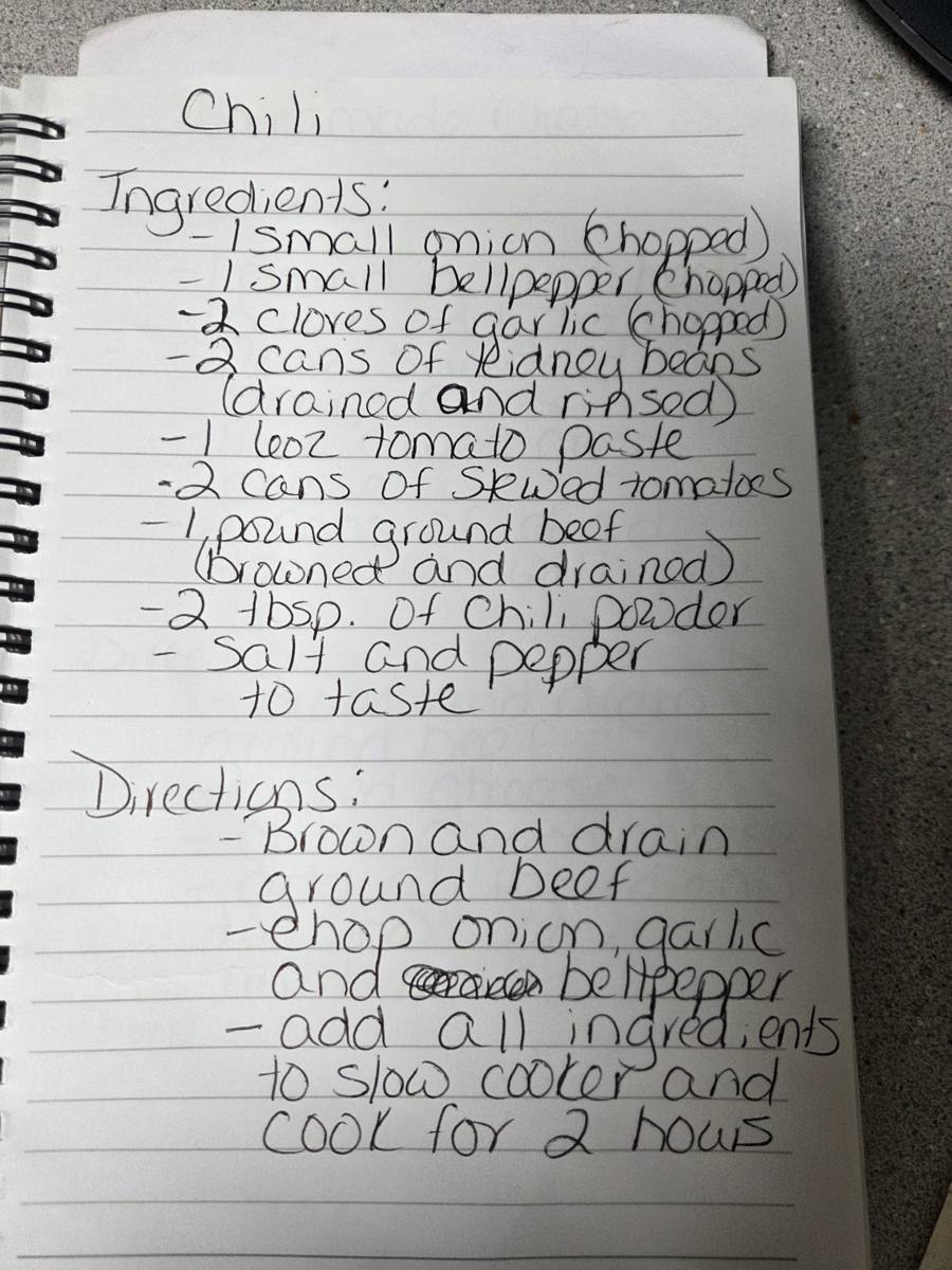 Becky's handwritten Slow Cooker Chili recipe — notebook page 1