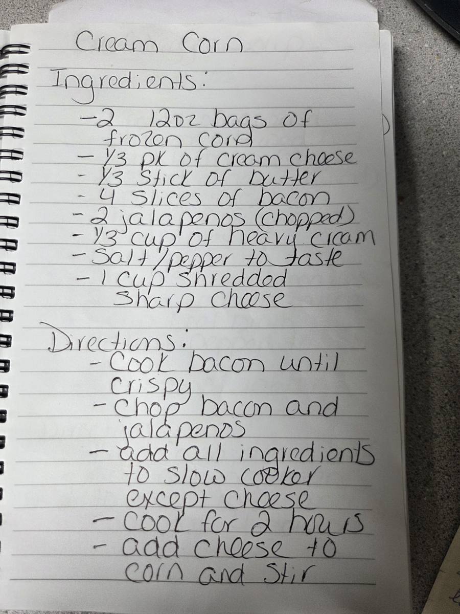 Becky's handwritten Slow Cooker Cream Corn recipe — notebook page 1