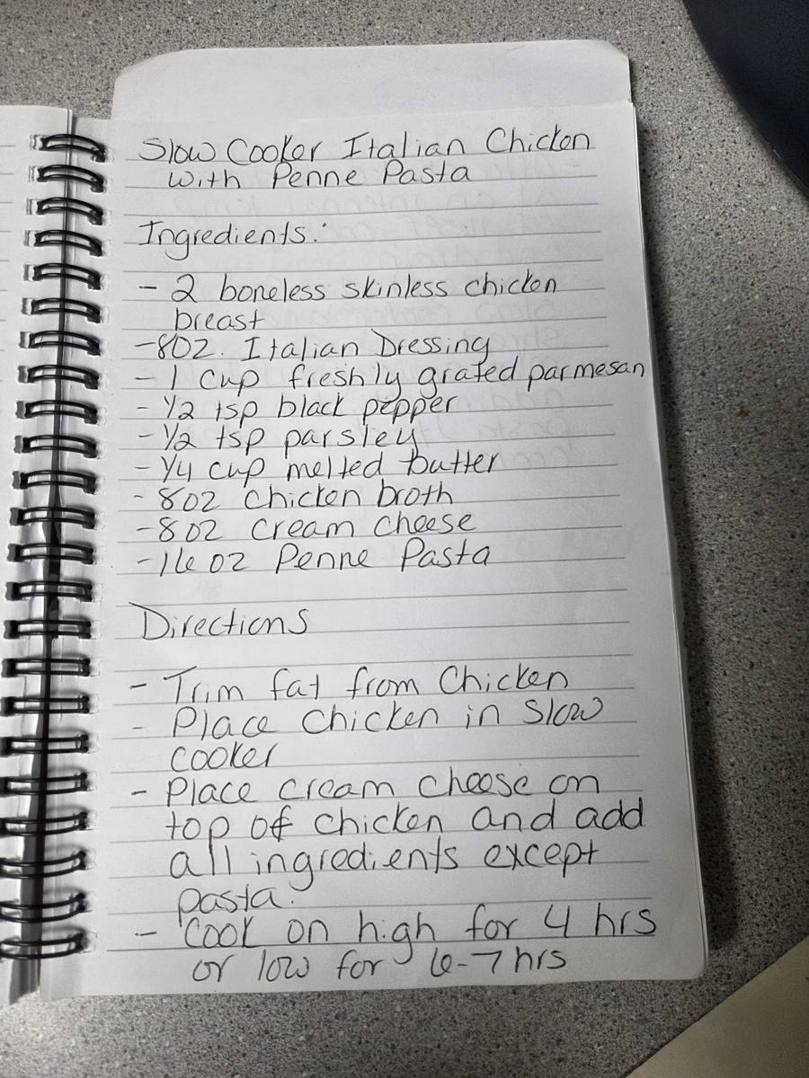 Becky's handwritten Slow Cooker Italian Chicken with Penne Pasta recipe — notebook page 1