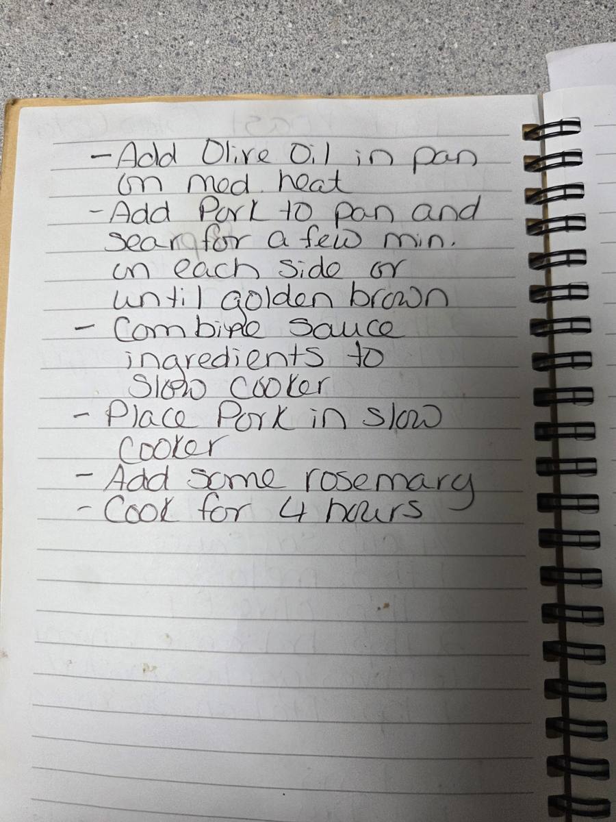 Becky's handwritten Slow Cooker Pork Roast recipe — notebook page 2