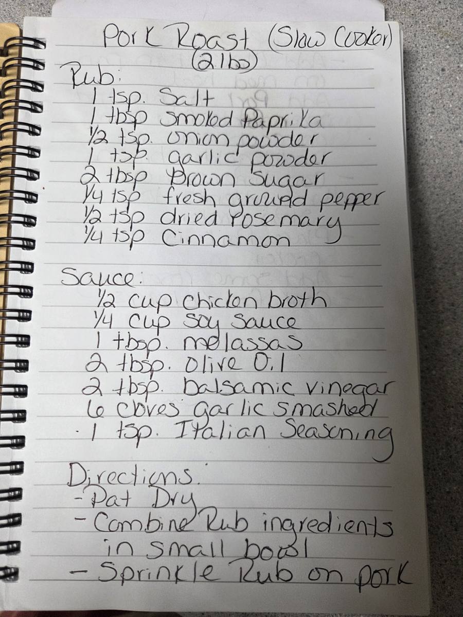 Becky's handwritten Slow Cooker Pork Roast recipe — notebook page 1