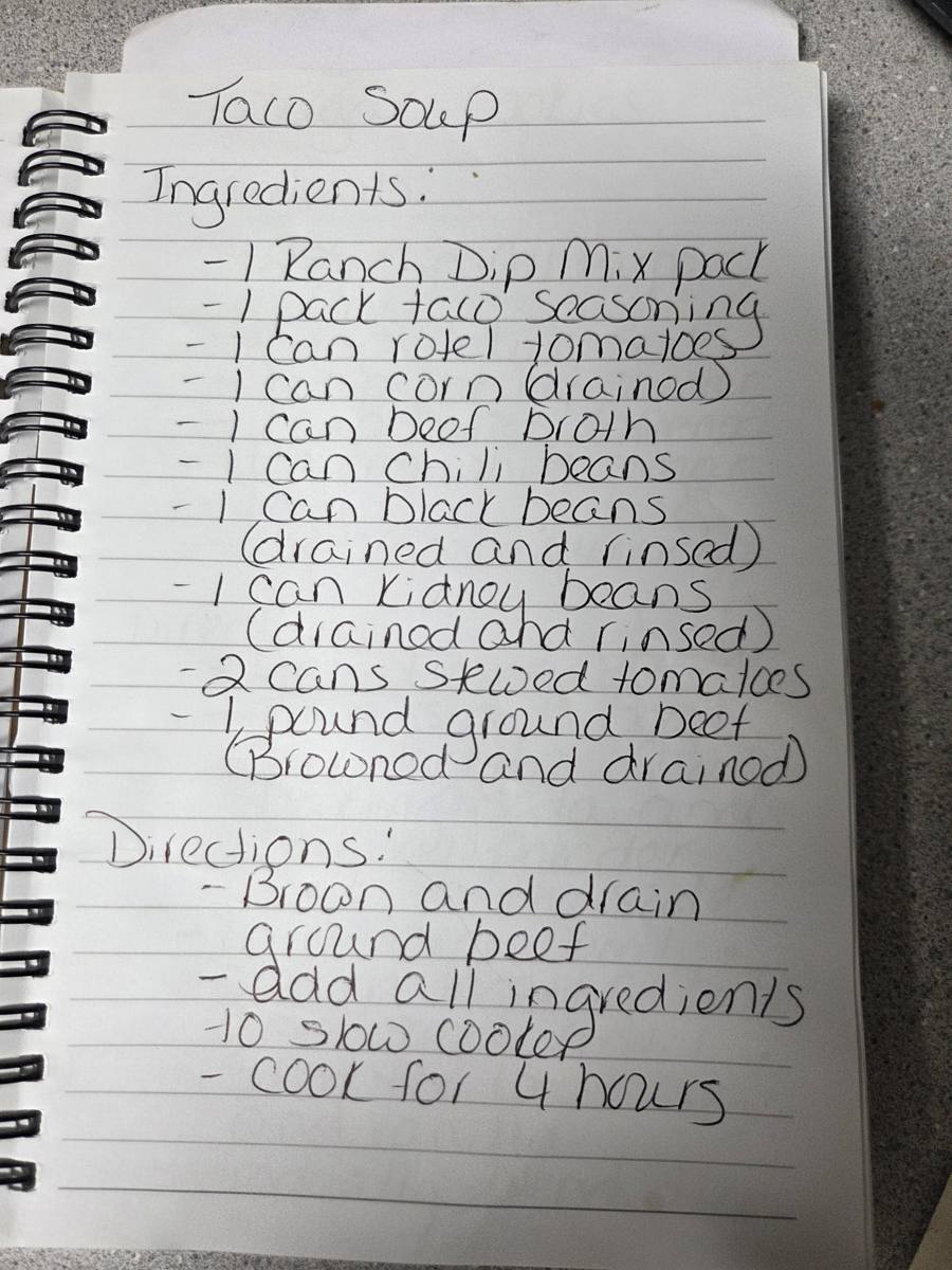 Becky's handwritten Slow Cooker Taco Soup recipe — notebook page 1