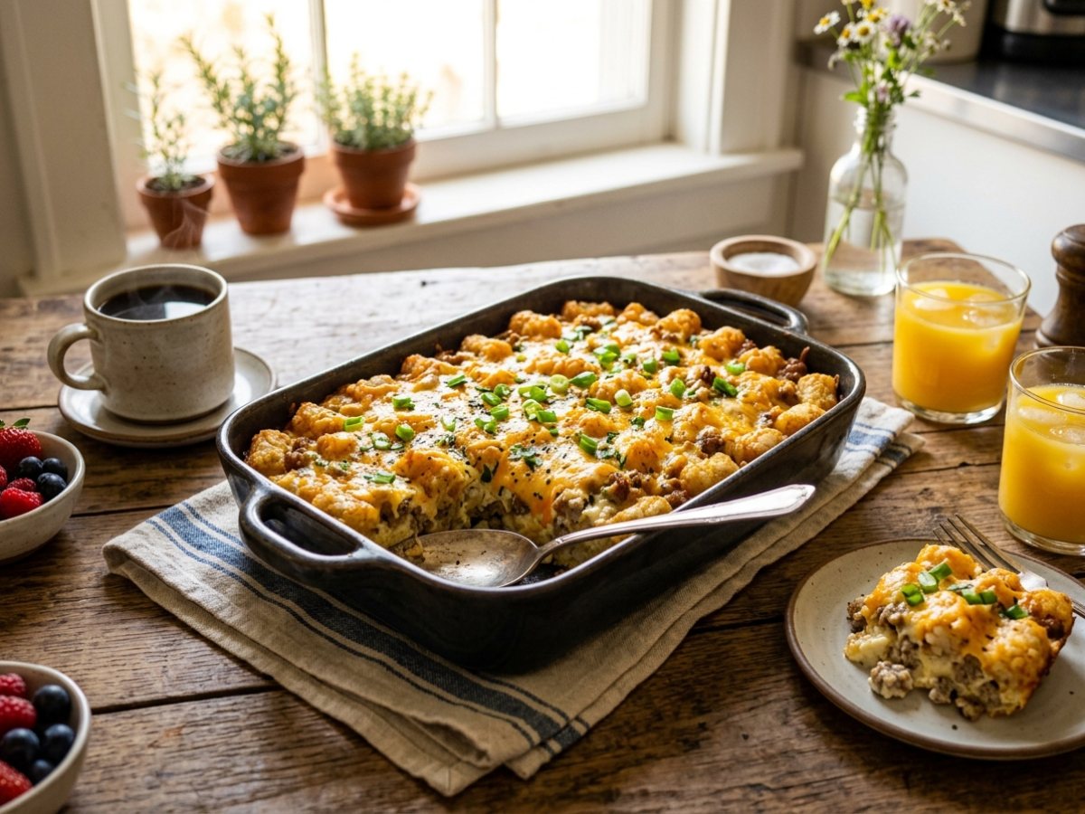 Sausage Cream Cheese Tater Tot Breakfast Casserole